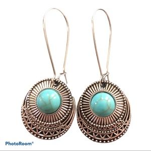 New!‎ Boho Desert Revival Dangle Turquoise Silver Tone Earrings